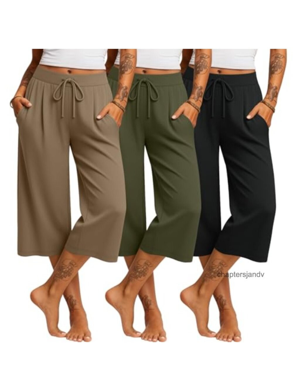 3 Pack Women's Capri Pants Wide Leg Drawstring High Rise Cropped Yoga Lounge